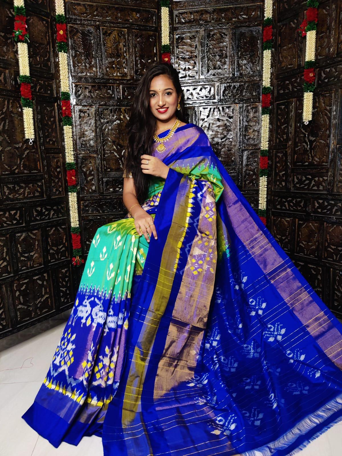 Pochampally Ikkat Silk Light Blue Sari