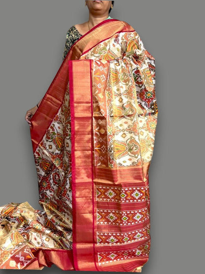 Pure Pochampally Ikkat Silk White Red Saree