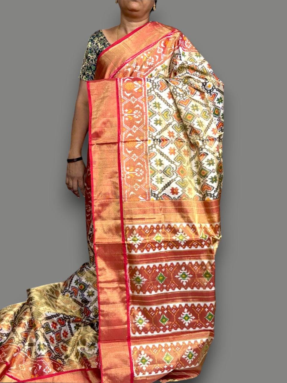 Pure Pochampally Ikkat Silk White Red Saree