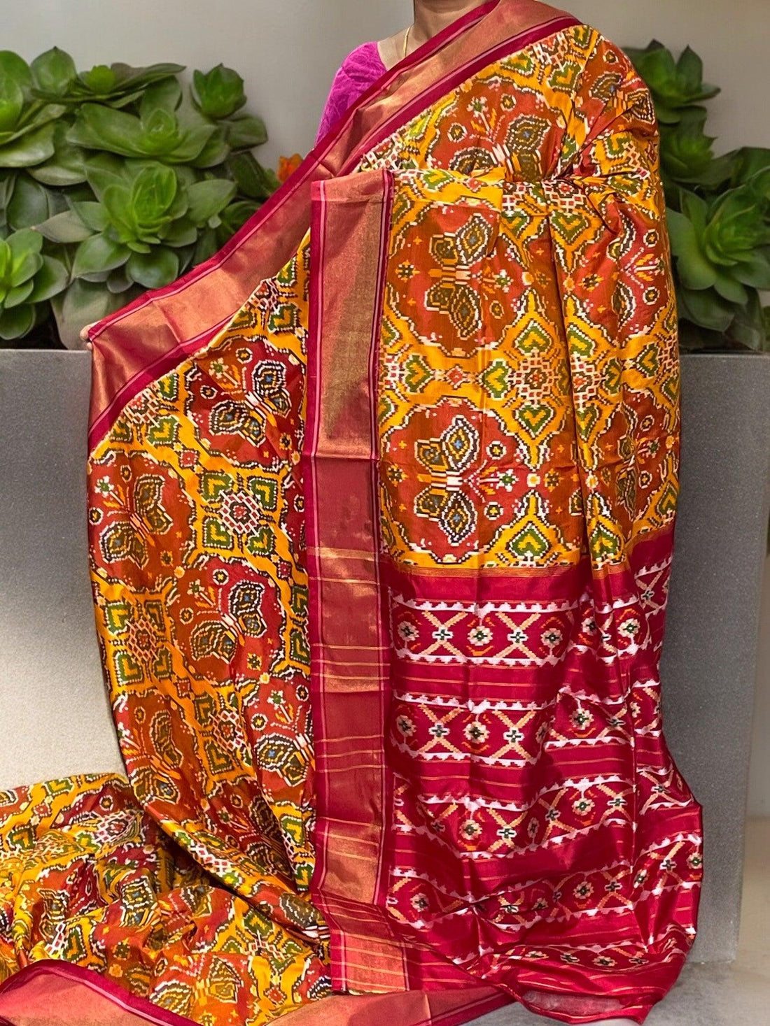 Pochampally Ikkat Patola Silk Yellow Red - pochampallysarees.com