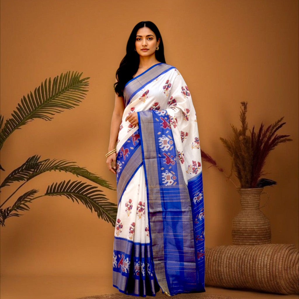 Pochampally-Ikkat-silk-White-Blue-Sari-pochampallysarees.com