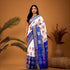 Pure Pochampally Ikkat Silk Kalamkari Designer Blue White Sari - pochampallysarees.com