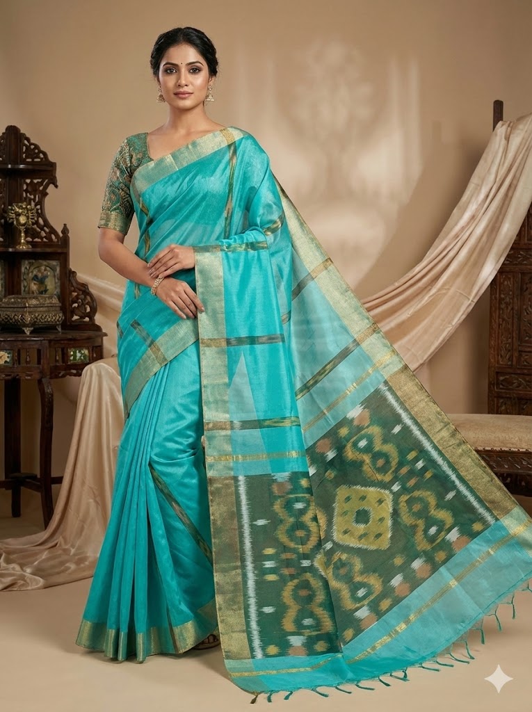POCHAMPALLY IKKAT SICO BLUE SARI - pochampallysarees.com