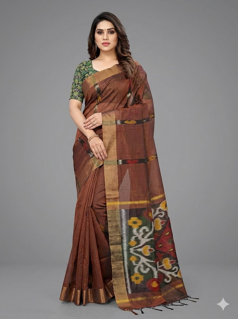 POCHAMPALLY IKKAT SICO BROWN SARI - pochampallysarees.com