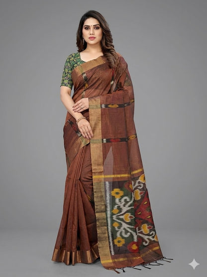 POCHAMPALLY IKKAT SICO BROWN SARI - pochampallysarees.com