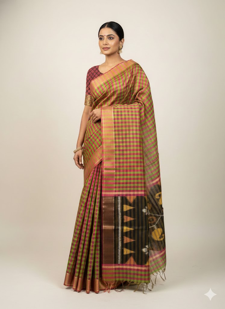 POCHAMPALLY IKKAT SICO CHECKS SARI - pochampallysarees.com