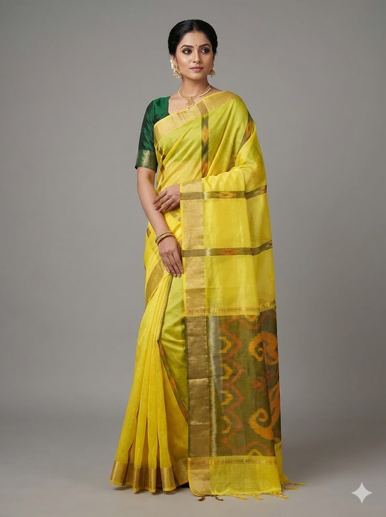 POCHAMPALLY IKKAT SICO YELLOW SARI - pochampallysarees.com