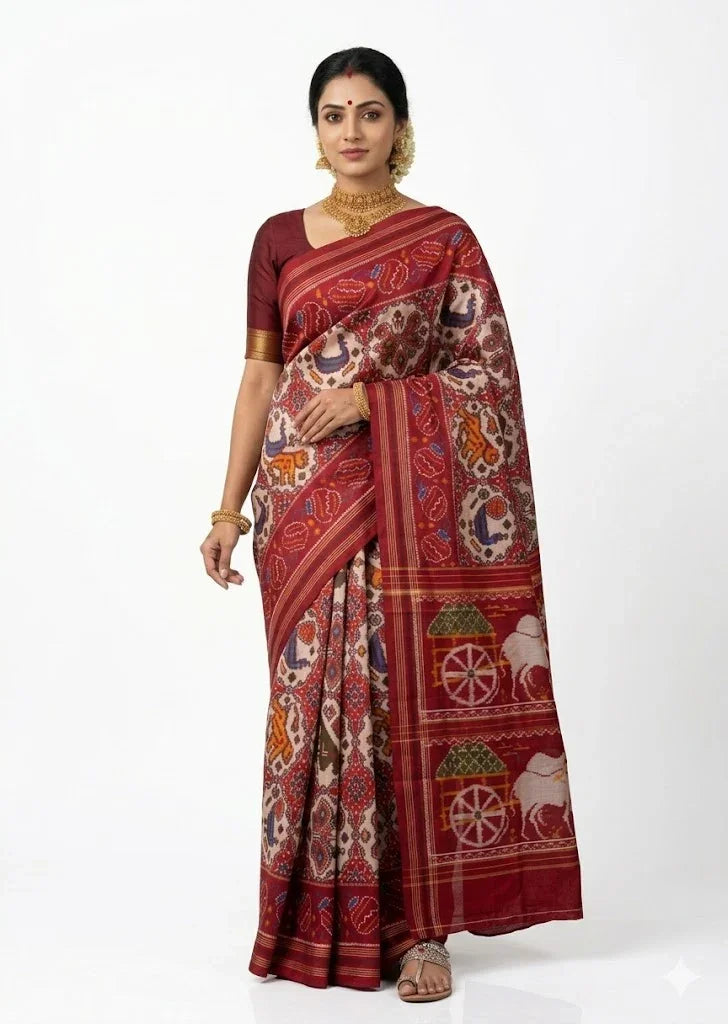 Woman wearing red Pochampally Ikkat Patola silk saree with traditional elephant and cart motifs, handwoven silk with zari border