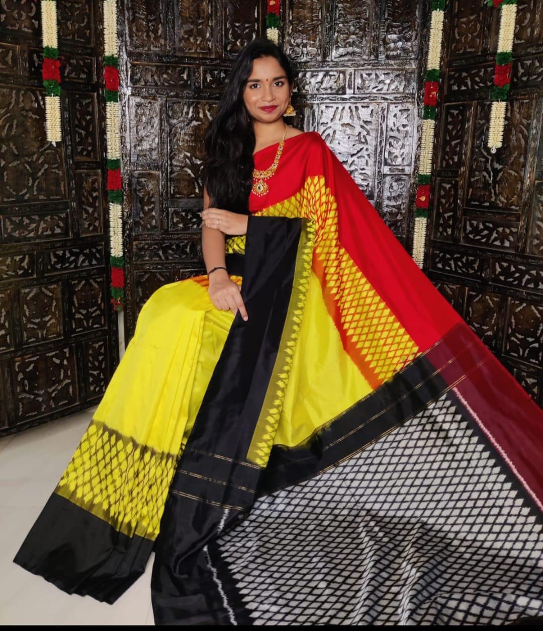 Pure Pochampally Ikkat Silk Yellow Black Red Sari