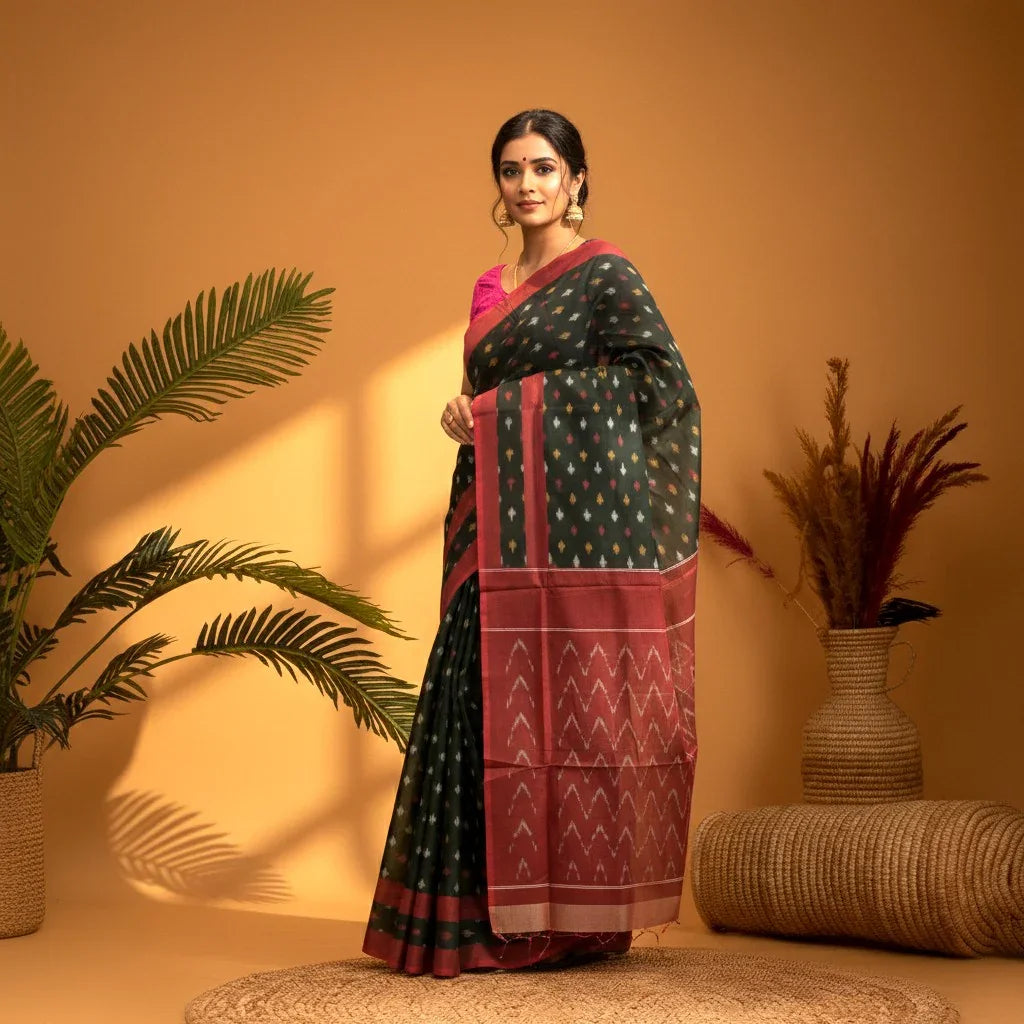 POCHAMPALLY IKKAT COTTON BLACK BODY BORDER RED SARI - pochampallysarees.com