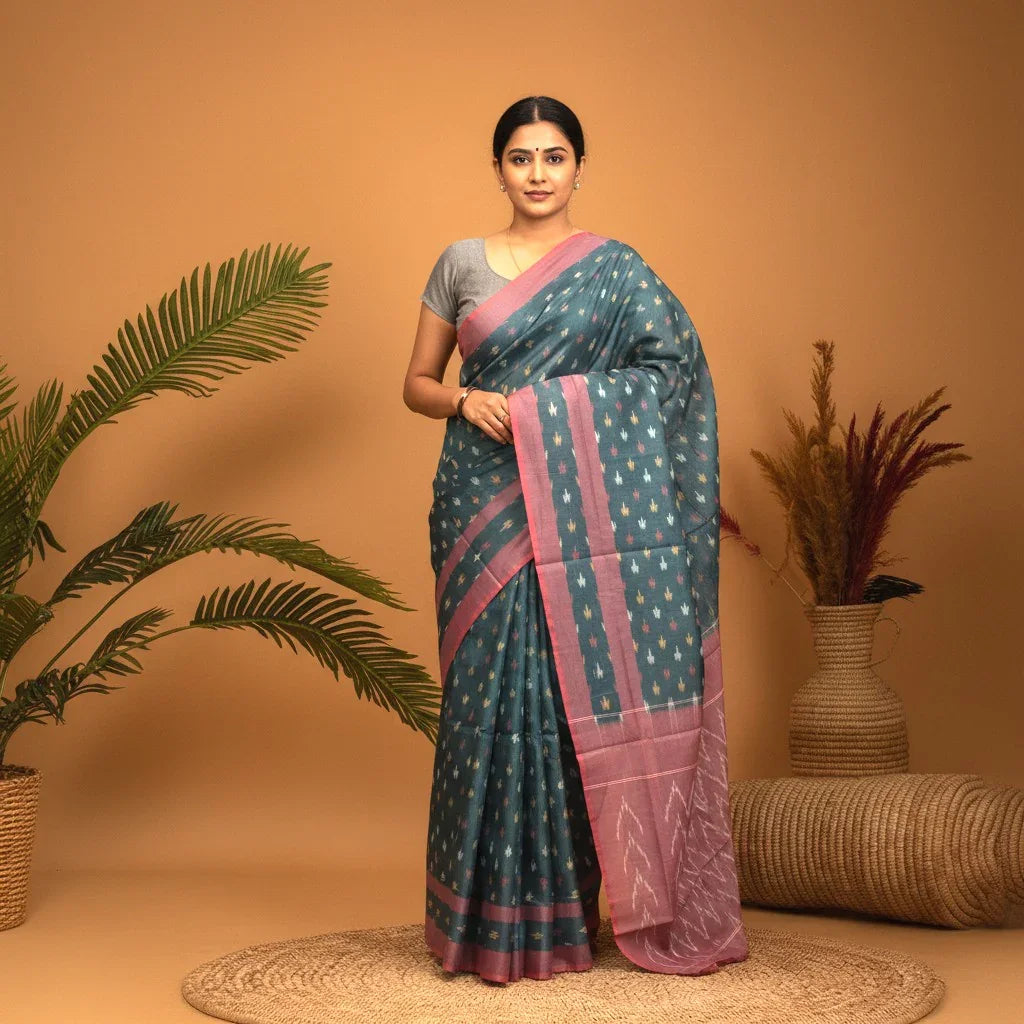 POCHAMPALLY IKKAT COTTON GRAY BODY BORDER PINK SARI - pochampallysarees.com