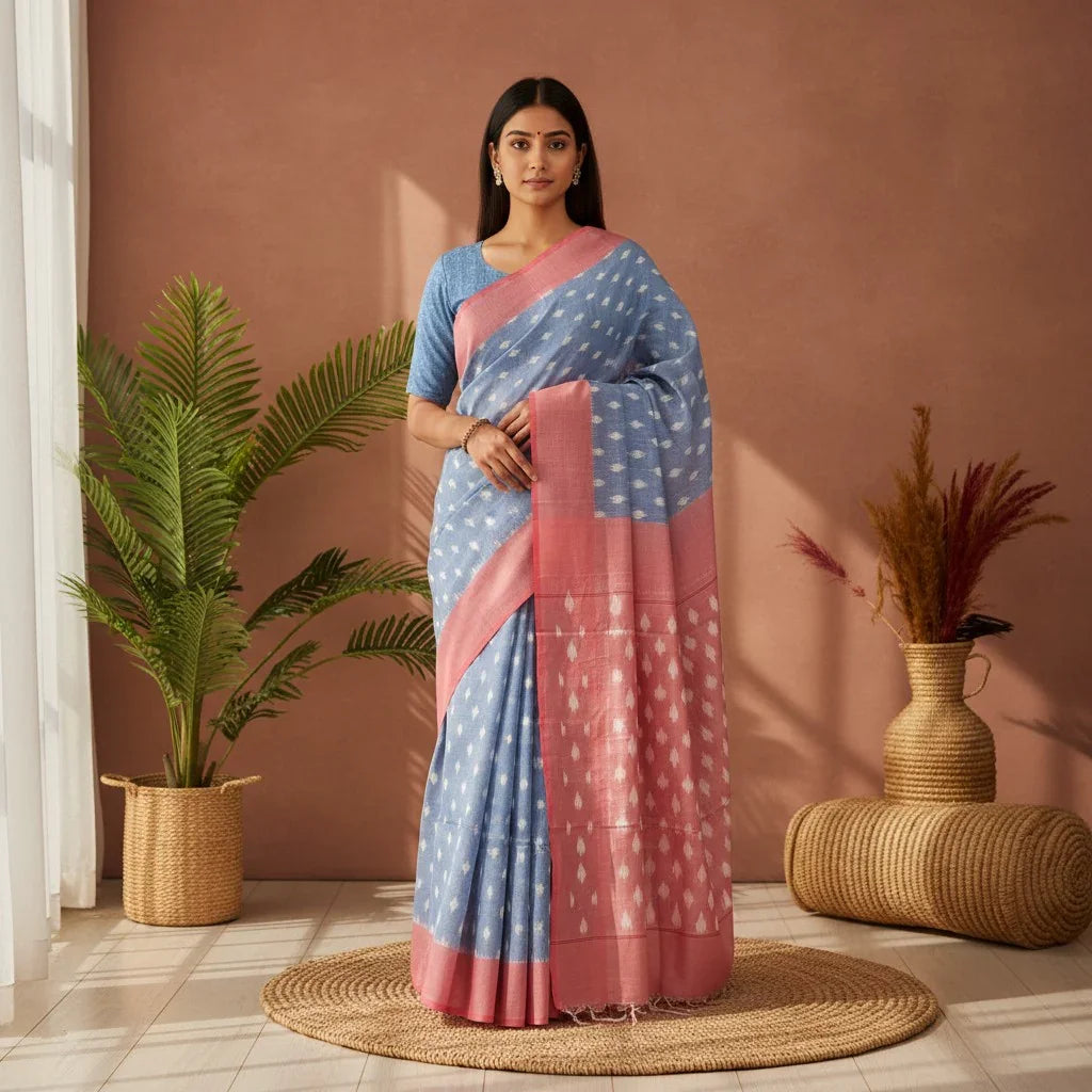 POCHAMPALLY IKKAT COTTON SKY BLUE BODY BORDER PINK SARI - pochampallysarees.com