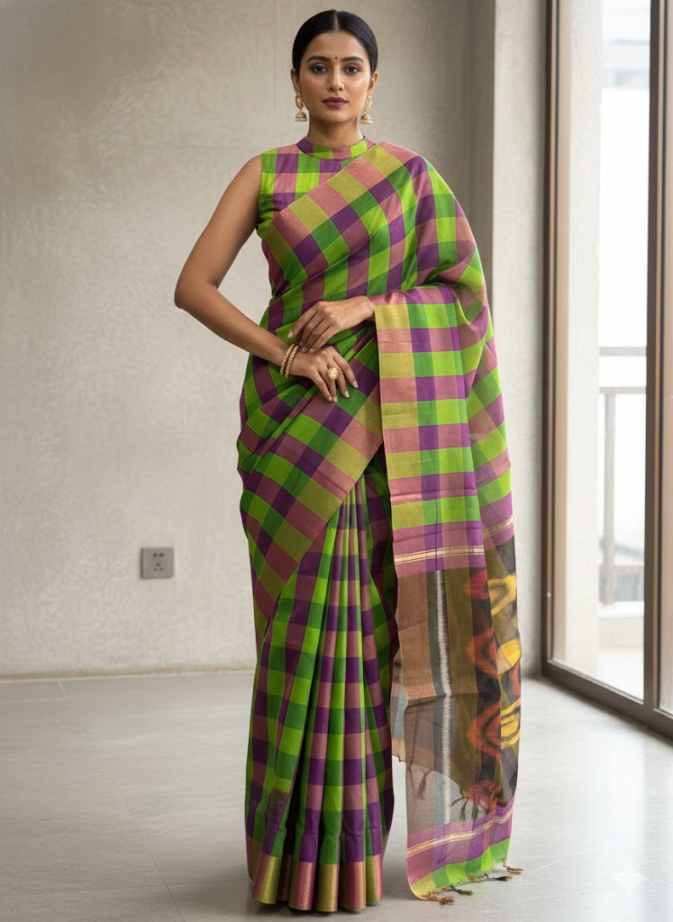 POCHAMPALLY IKKAT SICO GREEN CHECKS SARI - pochampallysarees.com