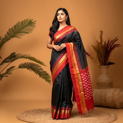 POCHAMPALLY IKKAT SILK MIDDLE BLACK PLAIN BORDER RED PALLU AND BLOUSE SAME AS IKKAT DESIGN SARI - pochampallysarees.com