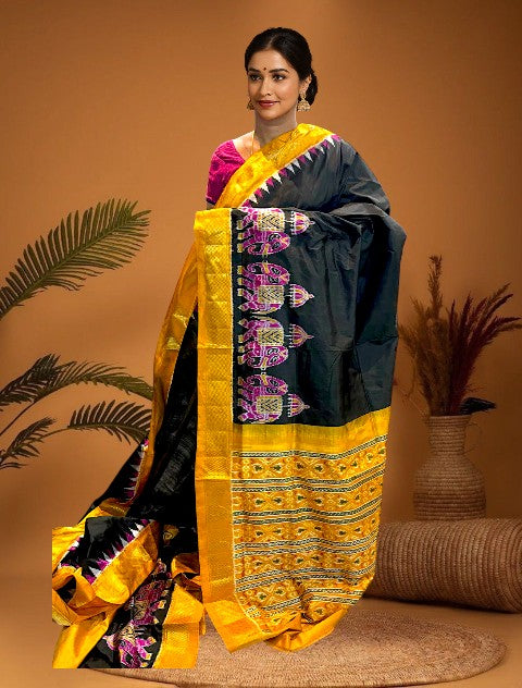 POCHAMPALLY IKKAT SILK PATOLA MIDDLE BLACK BORDER AND PALLU YELLOW ZARI BORDER PLAIN DESIGN SAREE