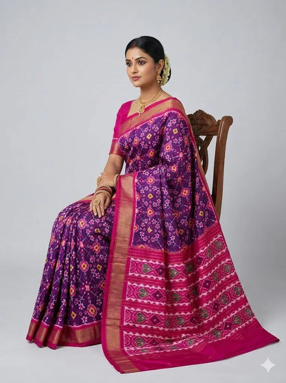POCHAMPALLY IKKAT SILK PATOLA DEEP PURPLE &amp; PINK SAREE | Handloom Double Ikat Pattu Saree with Zari Border | Traditional Wedding &amp; Festive Wear - pochampallysarees.com