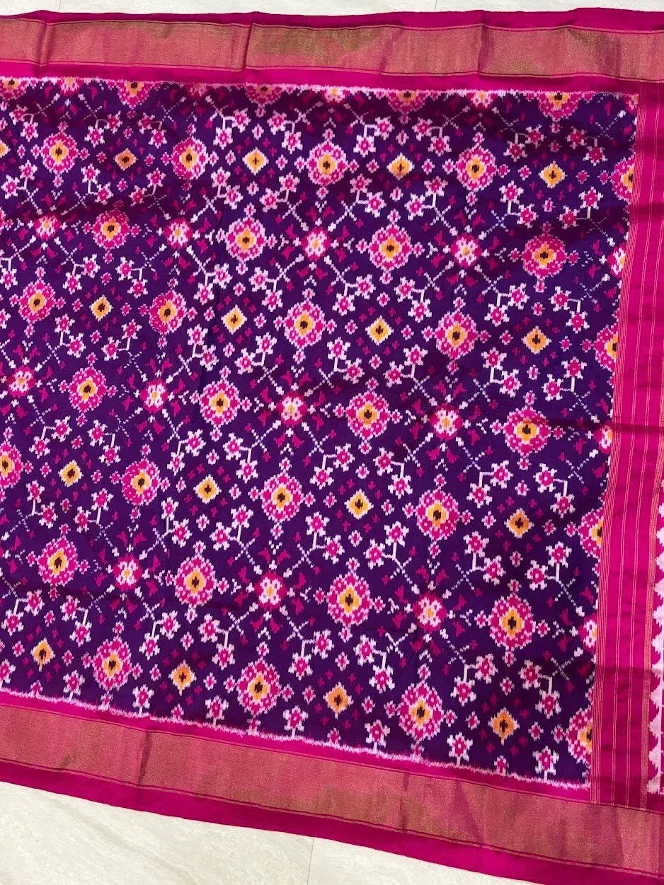 POCHAMPALLY IKKAT SILK PATOLA DEEP PURPLE &amp; PINK SAREE | Handloom Double Ikat Pattu Saree with Zari Border | Traditional Wedding &amp; Festive Wear - pochampallysarees.com