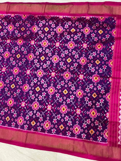 POCHAMPALLY IKKAT SILK PATOLA DEEP PURPLE &amp; PINK SAREE | Handloom Double Ikat Pattu Saree with Zari Border | Traditional Wedding &amp; Festive Wear - pochampallysarees.com