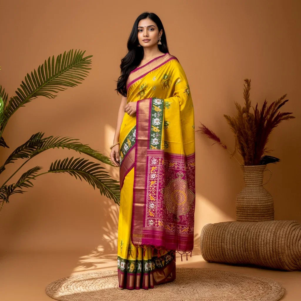 POCHAMPALLY IKKAT SILK PATOLA MIDDLE YELLOW BORDER AND PALLU PINK ZARI BORDER RICH PALLU SAREE - pochampallysarees.com