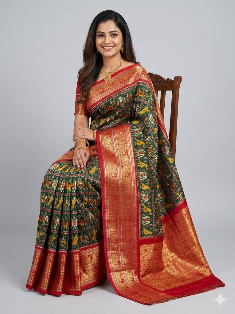 Bottle Green Pochampally Ikkat Silk Saree with Rich Red Kanchi Border | Traditional Wedding Collection