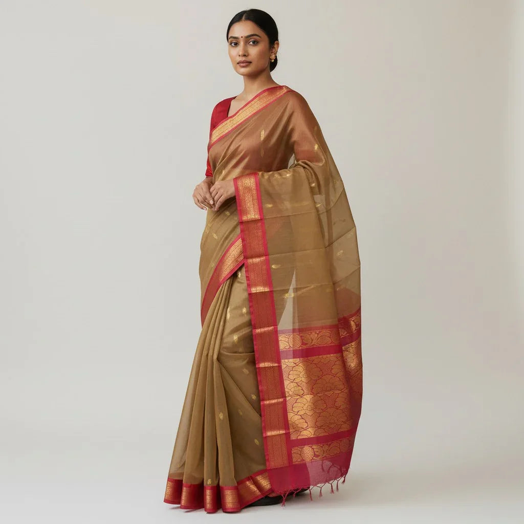 Pure Gadwal Cotton Sari Brown Red Online In Hyderabad -C10 - pochampallysarees.com