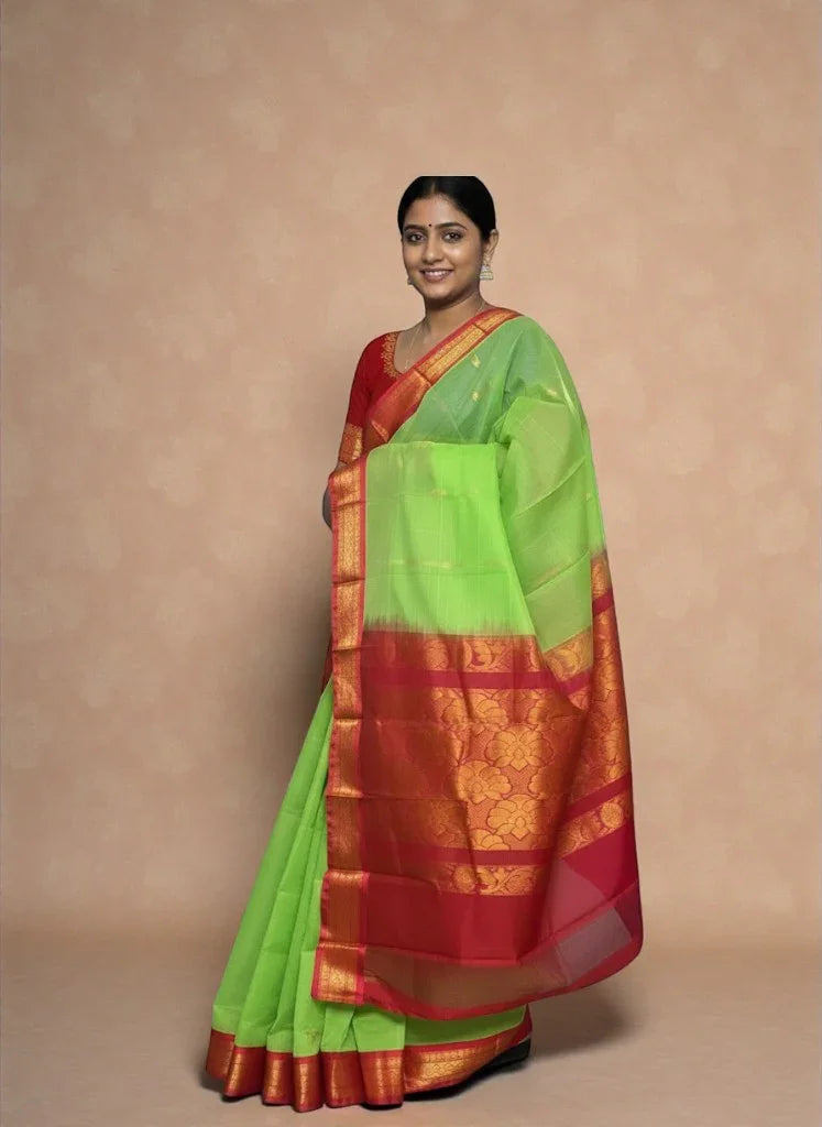 Pure Gadwal Cotton Sari Green Red -C16 - pochampallysarees.com