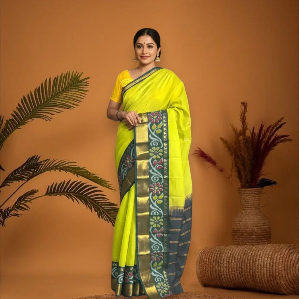PURE GADWAL COTTON SARI LEMON YELLOW - pochampallysarees.com