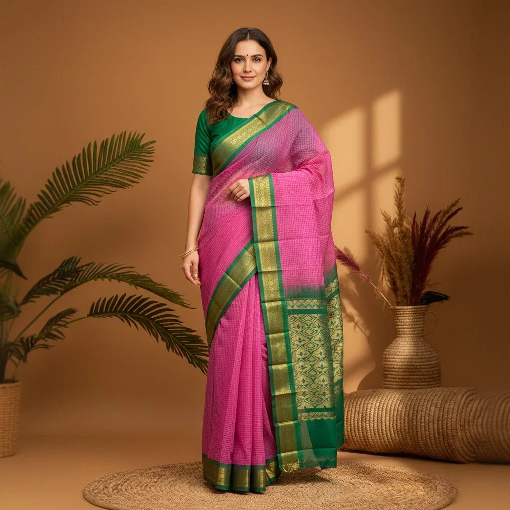 PURE GADWAL COTTON BODY PINK CHECKS BORDER GREEN SARI WITHOUT BLOUSE - pochampallysarees.com