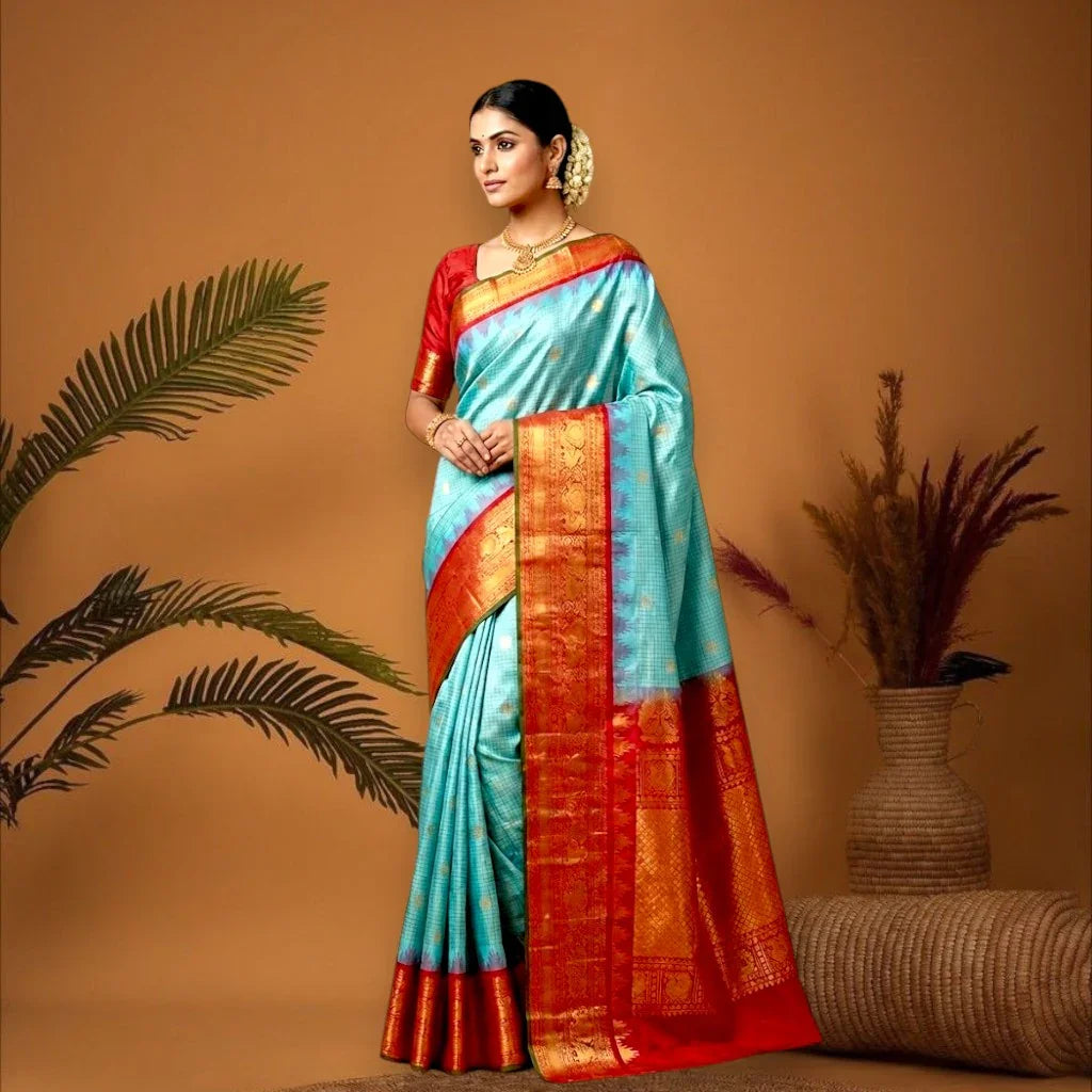 PURE GADWAL SILK BODY BUTTI LIGHT BLUE PALLU RED BIG BORDER AND BLOUSE RED SAREE - pochampallysarees.com