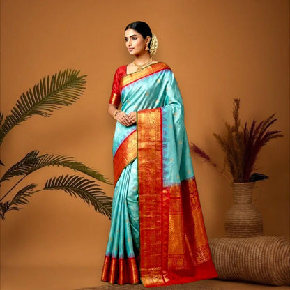 PURE GADWAL SILK BODY BUTTI LIGHT BLUE PALLU RED BIG BORDER AND BLOUSE RED SAREE - pochampallysarees.com