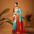 PURE GADWAL SILK BODY BUTTI LIGHT BLUE PALLU RED BIG BORDER AND BLOUSE RED SAREE - pochampallysarees.com
