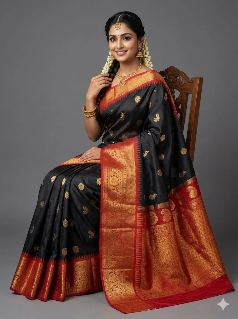 Exquisite Black &amp; Red Pure Gadwal Silk Saree | Gold Zari Butta &amp; Rich Temple Border | Traditional Handloom Wedding Saree - pochampallysarees.com