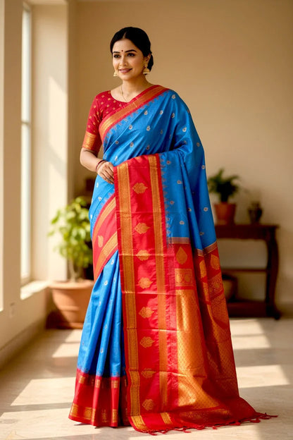 GADWAL SILK BLUE RED SARI - pochampallysarees.com