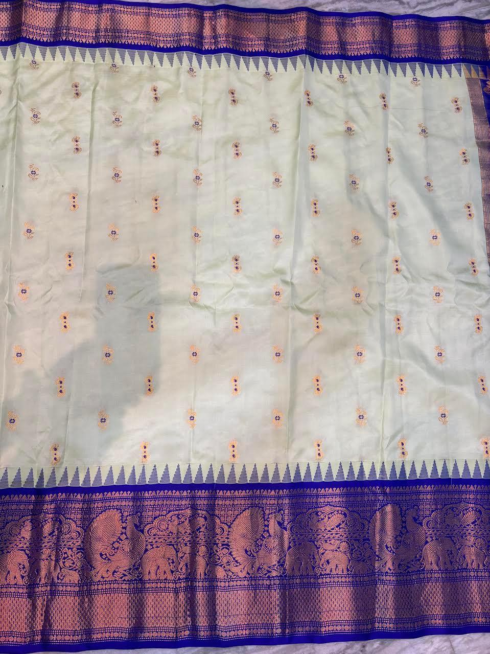 Pure Gadwal Silk Saree in Cream &amp; Royal Blue with Grand Zari Border | Traditional South Indian Handloom Pattu Saree for Weddings &amp; Festivals - pochampallysarees.com