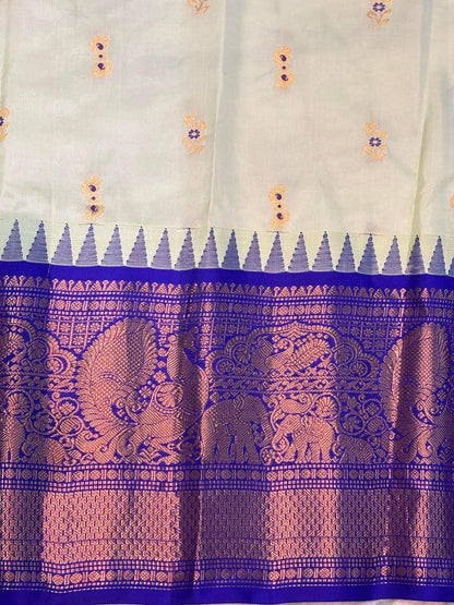 Pure Gadwal Silk Saree in Cream &amp; Royal Blue with Grand Zari Border | Traditional South Indian Handloom Pattu Saree for Weddings &amp; Festivals - pochampallysarees.com