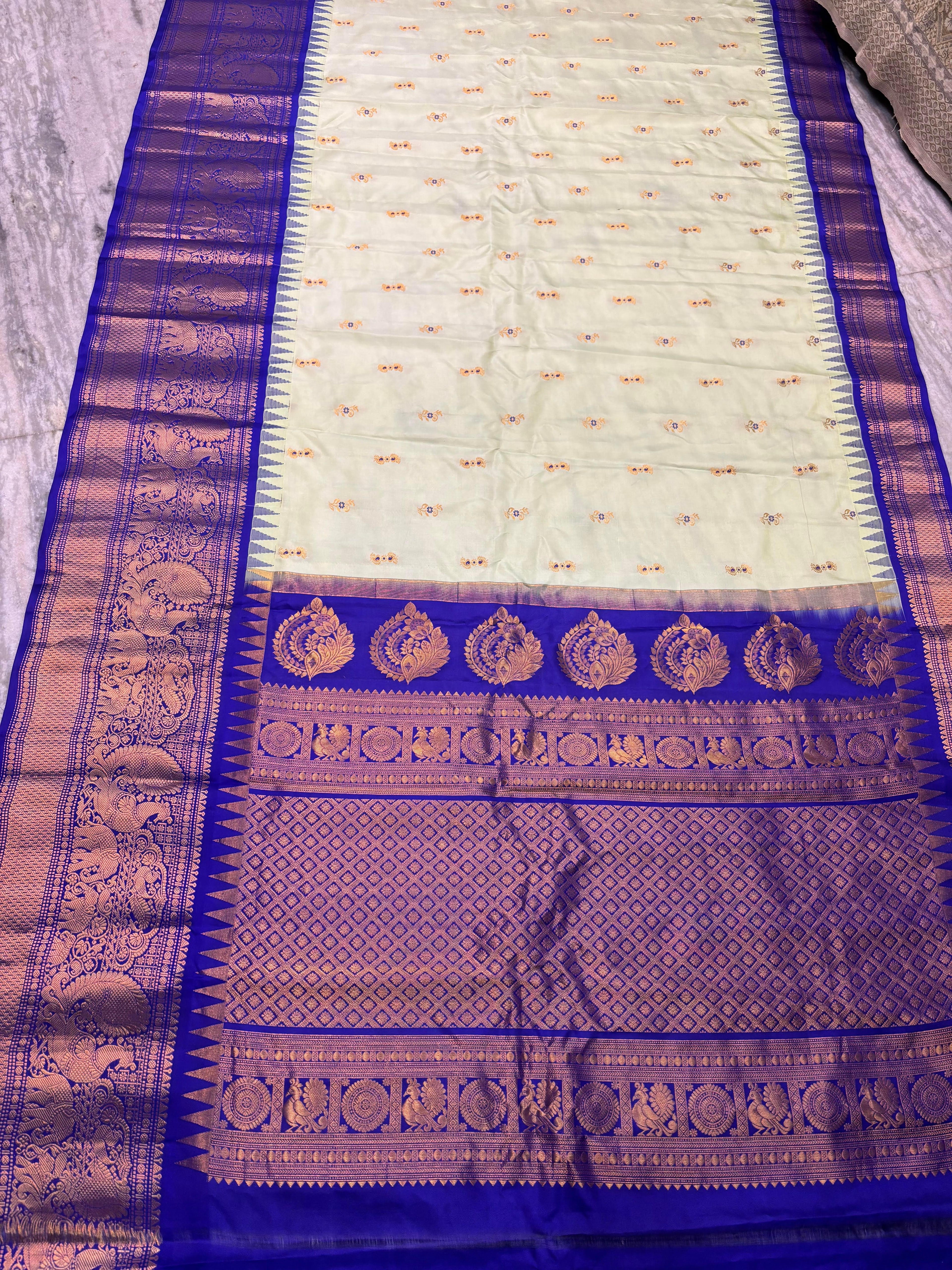 Pure Gadwal Silk Saree in Cream &amp; Royal Blue with Grand Zari Border | Traditional South Indian Handloom Pattu Saree for Weddings &amp; Festivals - pochampallysarees.com