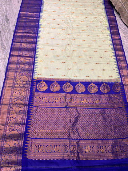 Pure Gadwal Silk Saree in Cream &amp; Royal Blue with Grand Zari Border | Traditional South Indian Handloom Pattu Saree for Weddings &amp; Festivals - pochampallysarees.com