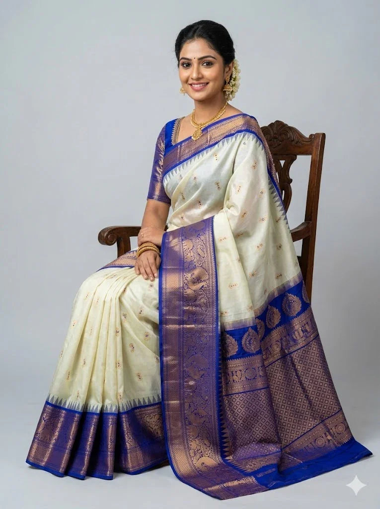 Pure Gadwal Silk Saree in Cream &amp; Royal Blue with Grand Zari Border | Traditional South Indian Handloom Pattu Saree for Weddings &amp; Festivals - pochampallysarees.com