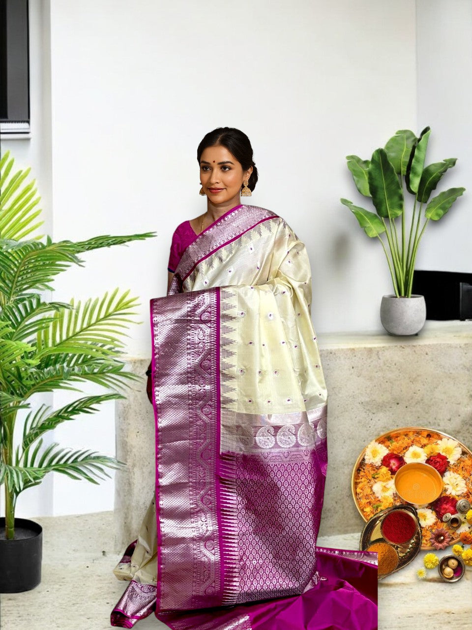 Pure-Gadwal-Silk-Cream-Mejenta-Pink-Sari-POCHAMPALLYSAREES.COM