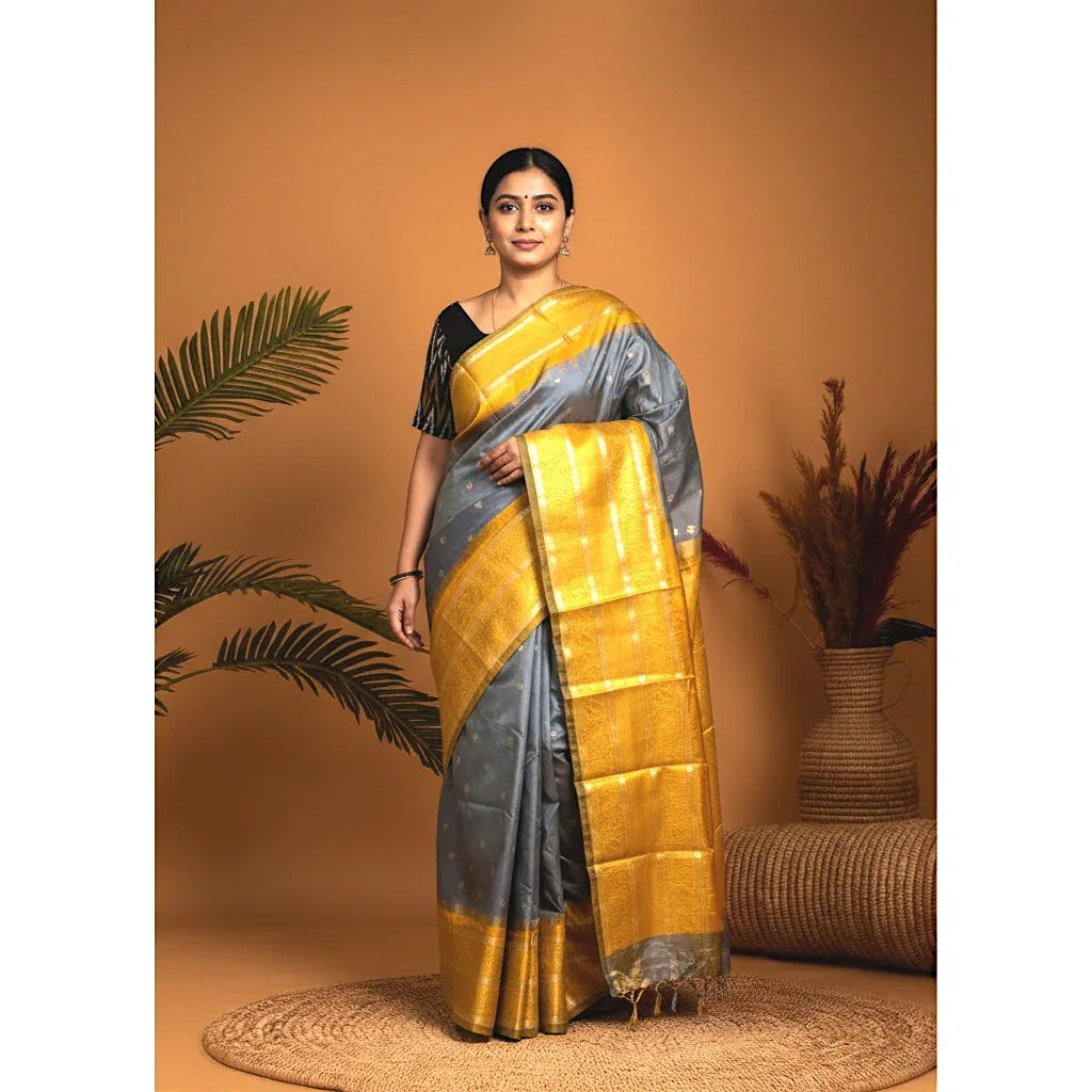 Pure Gadwal Silk Saree Gray Yellow - pochampallysarees.com