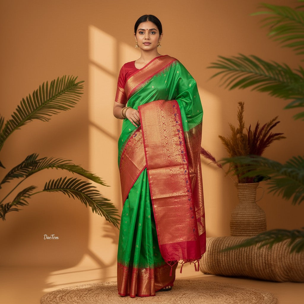 Pure-Gadwal-Silk-Green-Red-Sari-pochampallysarees.com