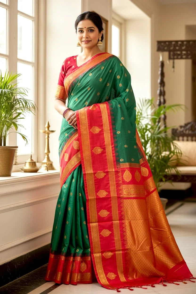 GADWAL SILK GREEN RED SARI - pochampallysarees.com