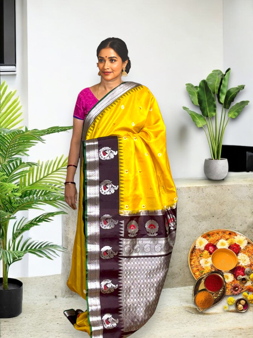 Pure-Gadwal-Silk-Green-Yellow-Chocolate-Sari-POCHAMPALLYSAREES.COM