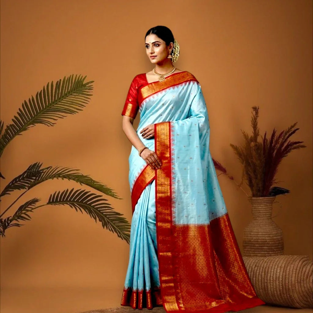 PURE GADWAL SILK BODY BUTTI LIGHT BLUE PALLU RED SMALL BORDER AND BLOUSE RED SAREE - pochampallysarees.com