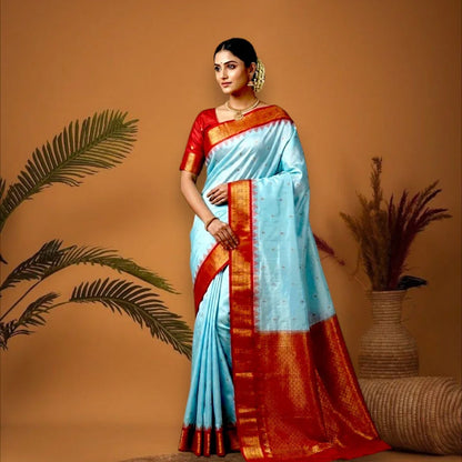PURE GADWAL SILK BODY BUTTI LIGHT BLUE PALLU RED SMALL BORDER AND BLOUSE RED SAREE - pochampallysarees.com
