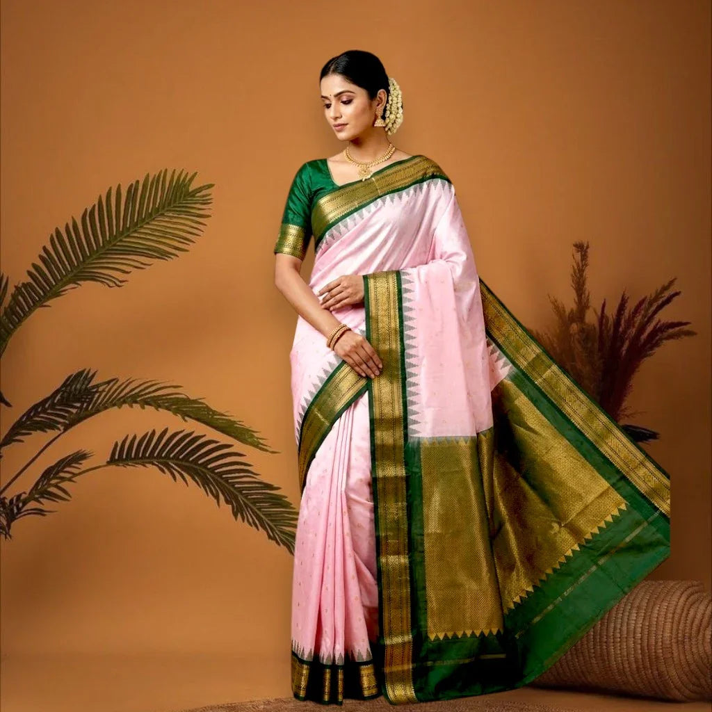 PURE GADWAL SILK BODY BUTTI LIGHT PINK PALLU GREEN SMALL BORDER AND BLOUSE GREEN SAREE - pochampallysarees.com
