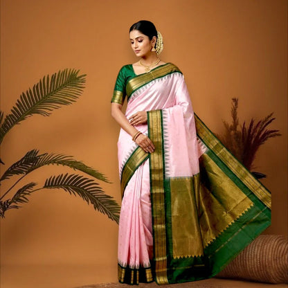 PURE GADWAL SILK BODY BUTTI LIGHT PINK PALLU GREEN SMALL BORDER AND BLOUSE GREEN SAREE - pochampallysarees.com