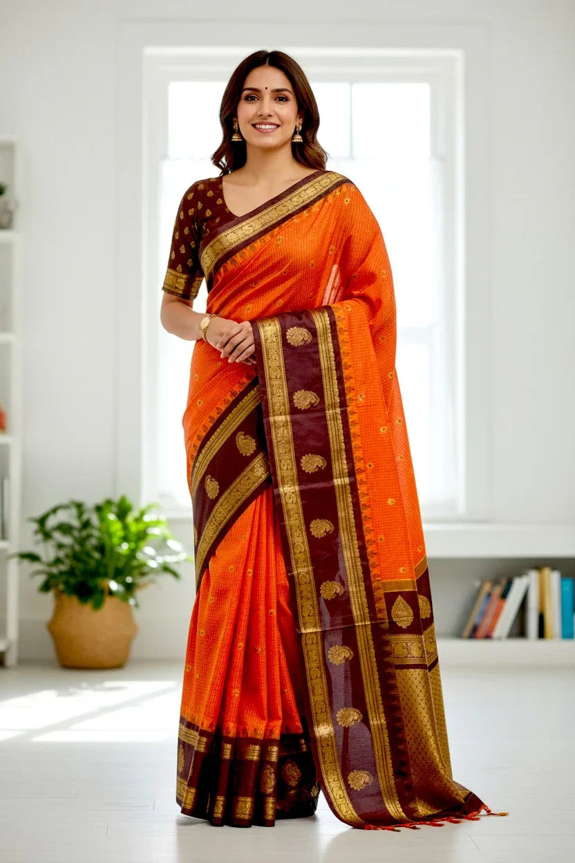 GADWAL SILK ORANGE CHOCOLATE SARI - pochampallysarees.com