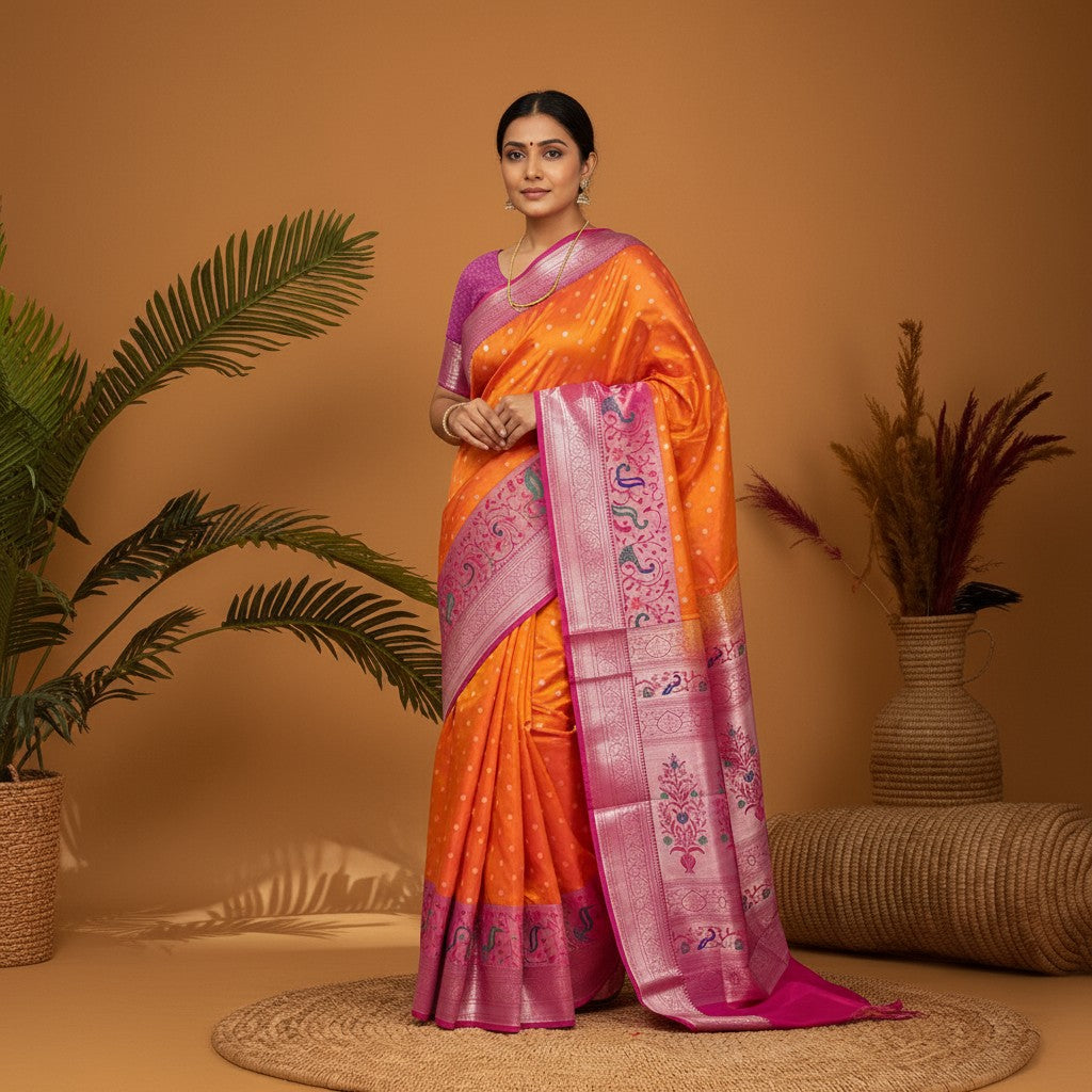 Pure-Gadwal-Silk-Orange-Pink-Sari-pochampallysarees.com