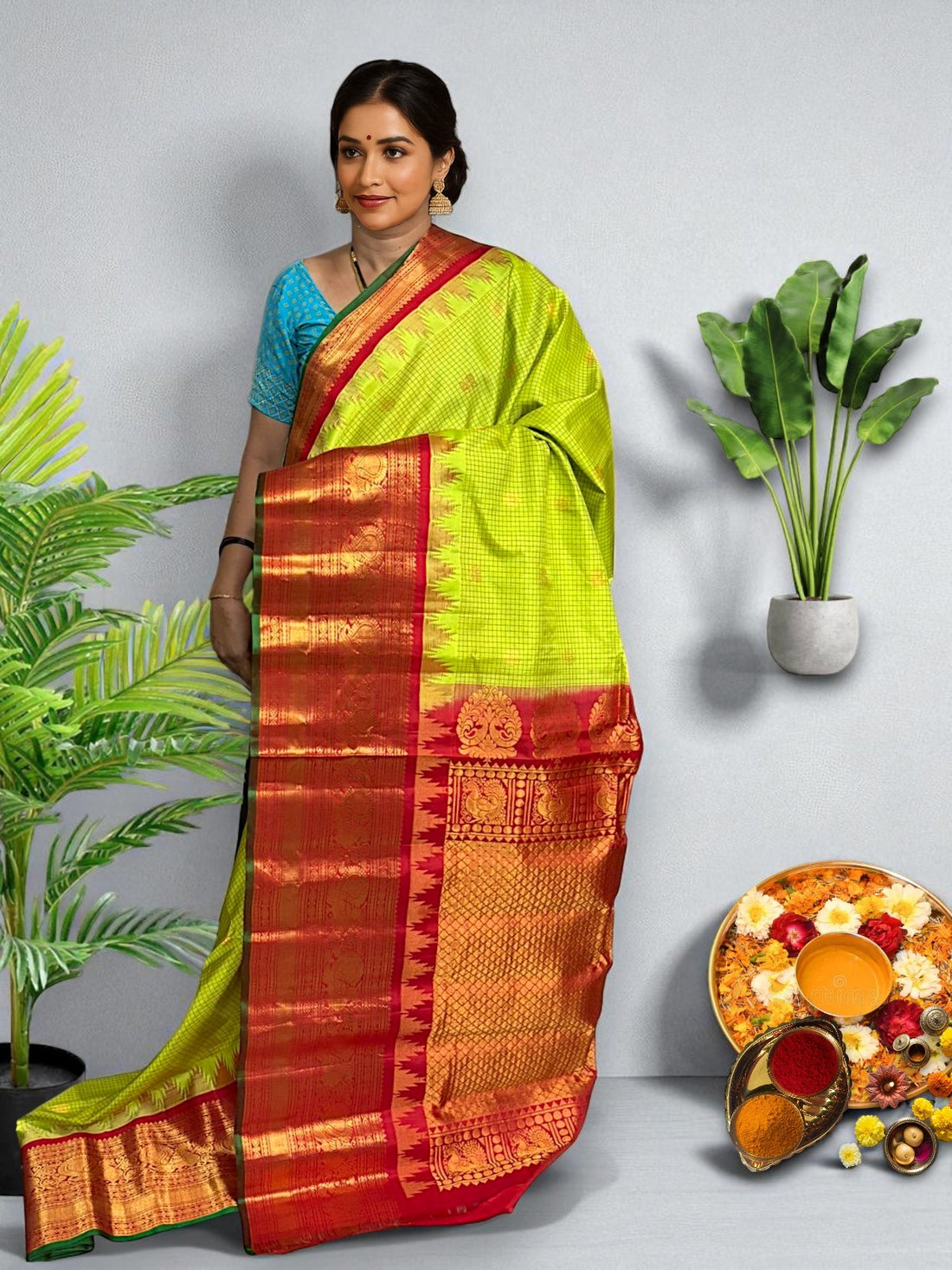 GADWAL SILK SARI PARROT GREEN